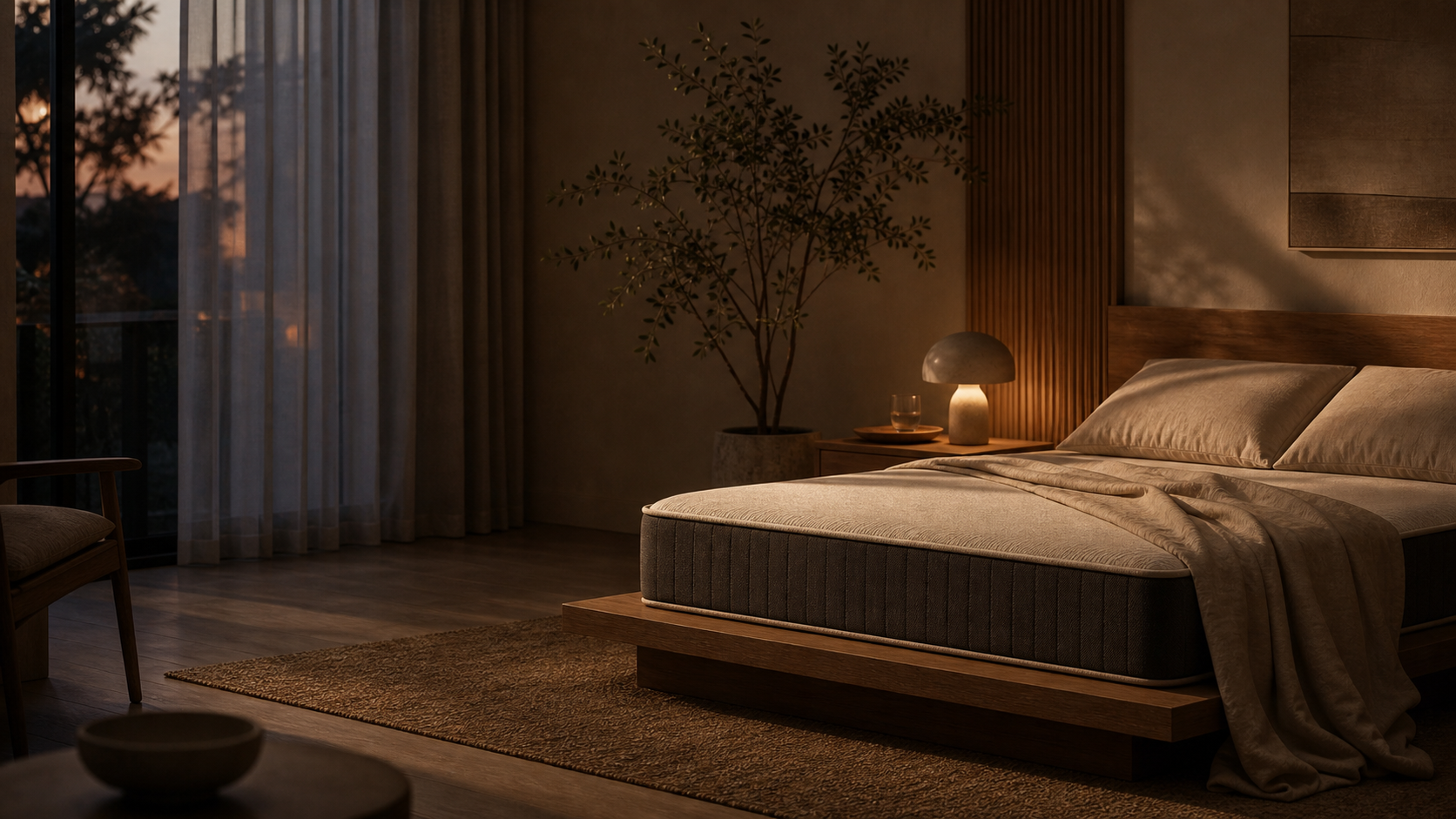 Serene bedroom at dusk with a neatly made Vooka bed