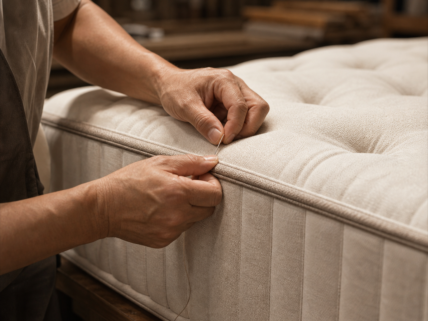 Hands finishing the stitched edge of a mattress